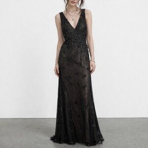 AIDAN MATTOX Vintage Y2K Beaded Mesh Fairy Grunge V-Neck Sleeveless Maxi Dress